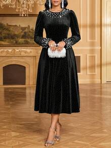 SHEIN Lady Váy dài tay đính ngọc trai trang trí cho nữ - màu đen - Xem 5