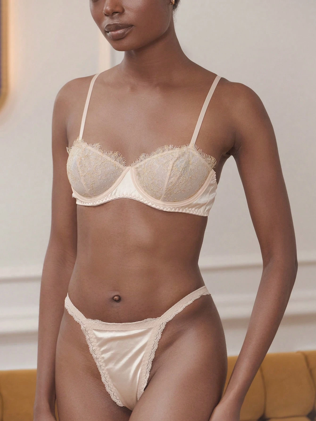 Gold Eyelash Lace And Satin Underwired Bra And Matching Knicker Lingerie Set Cute Sexy Vintage