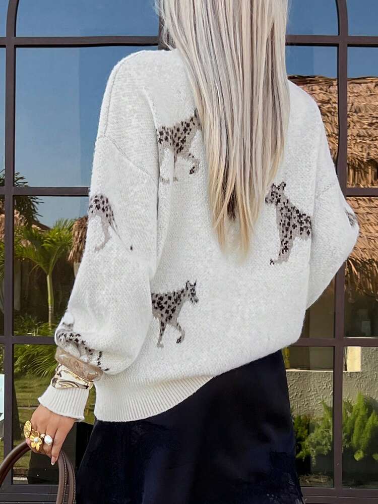Women's Casual Animal Pattern Round Neck Dropped Shoulder Loose Knit Sweater, Autumn/Winter