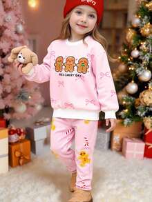 Christmas Young Girls Crew Neck Sweatshirt + Leggings Set, Pink Bow Gingerbread Man Pattern, Suitable For Autumn And Winter, Casual Cute And Fashionable Versatile - Multicolor - View 1