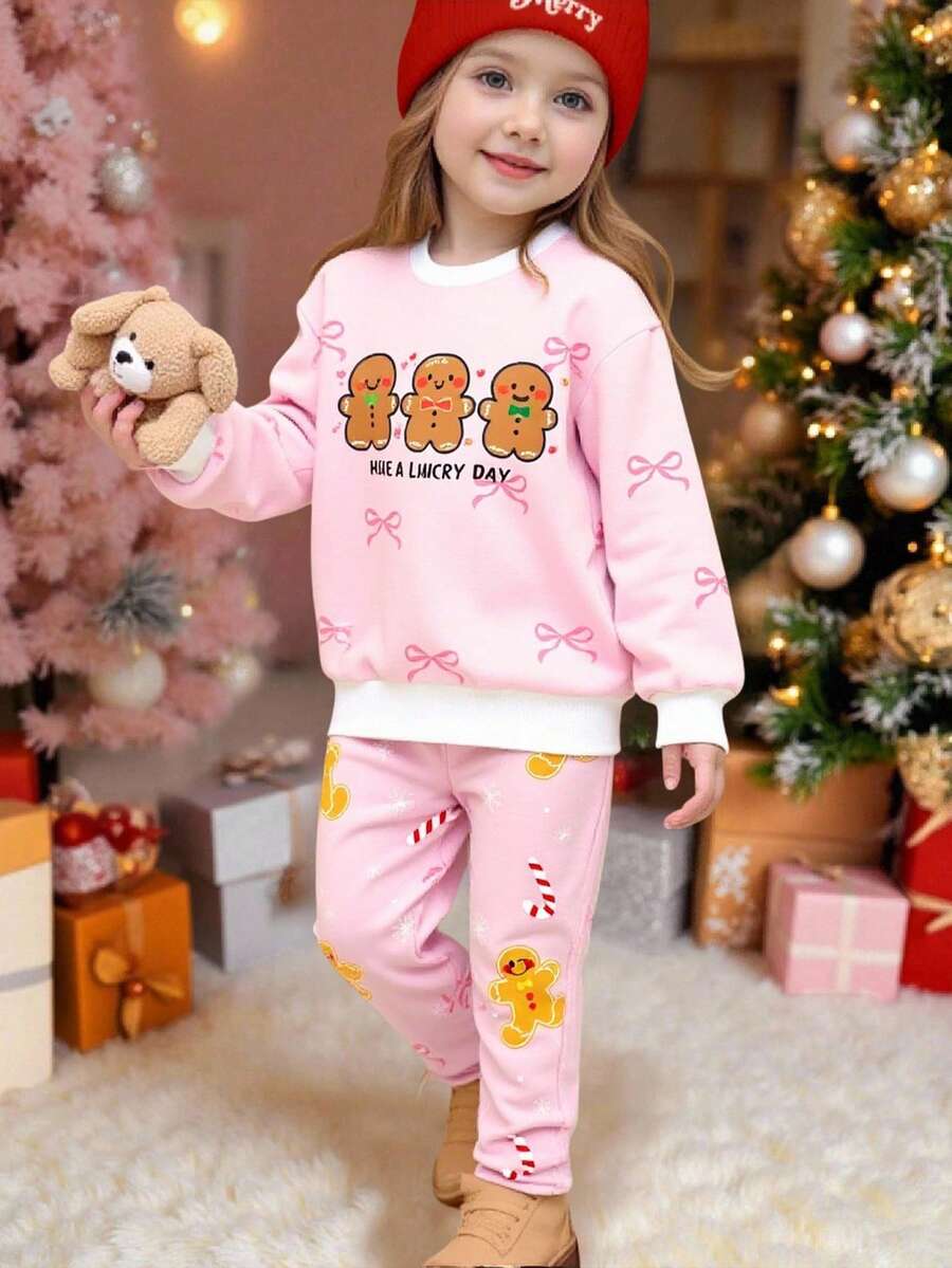 Christmas Young Girls Crew Neck Sweatshirt + Leggings Set, Pink Bow Gingerbread Man Pattern, Suitable For Autumn And Winter, Casual Cute And Fashionable Versatile - Multicolor - View 1