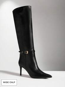 SHUZIA 女士宽筒时尚舒适性感尖头踝带细高跟过膝长靴，带内侧拉链，适合圣诞节、情人节等节日穿着，宽楦设计 - 黑色 - 查看 8