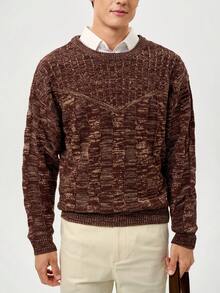 RONVEXI Men's Solid Color Minimalist Crew Neck Long Sleeve Sweater, Casual Everyday Wear - Coffee Brown - View 5