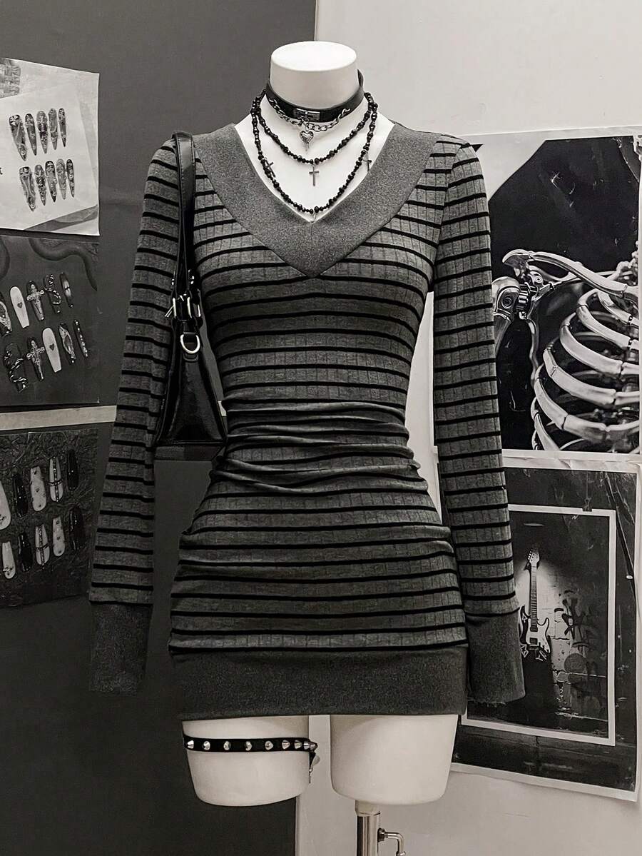StreetHx 女士休闲条纹V领长袖短裙 - 灰色 - 查看 1