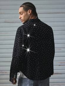 AXEPEAK Men's Autumn Rhinestone Embellished Single-Breasted Casual Denim Jacket, Long Sleeve Top - Black - View 2