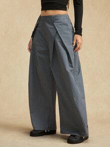 Easelle 休闲复古低腰直筒阔腿弹力腰格子女裤 - 藍色 - 查看 2