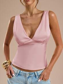 SHEIN BAE Elegant Dusty Pink Satin & Lace Patchwork Tank Top For Summmer, Women's Party Beach Vacation Music Festival Brunch Wedding Guest Bridesmaid Valentine - Dusty Pink - View 6