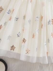 年轻女孩优雅可爱针织撞色网纱亮片长袖连衣裙 - 杏色 - 查看 6