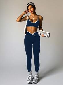 Velisys Bộ đồ tập yoga thể thao nữ với quần legging và áo hai dây co giãn viền tương phản tối giản - Nhiều màu - Xem 8