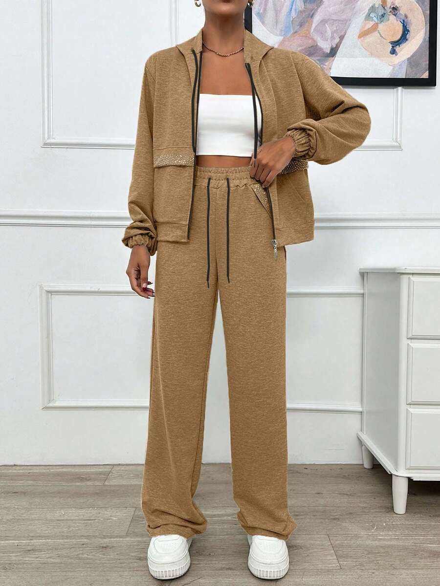 EURMUSE TWO PIECES TWO THREAD LIGHT GREY HOODIE SWEATSHIRT AND SWEATPANT WITH SPARKLE STONE DETAIL - Camel - View 1