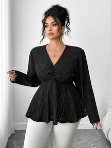 Elenzga Plus Size Women Solid Color Lace V-Neck Ruffle Hem Long Sleeve T-Shirt Long Sleeve Black Top Black Peplum Top Black Blouses For Women Black Babydoll Top - Black - View 7