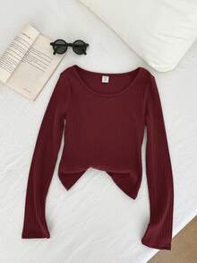 Tween Girls' Ribbed Crew Neck Elastic Fitted All-Match Versatile Long Sleeve T-Shirt, Comfortable - Burgundy - View 5