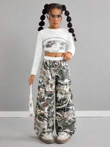 SHEIN Tween Girl Grey Camo Jeans Tree Branch Print Oversized Elastic Waist Soft Pants,Summer Streetwear School Back-To-School Fashion Vintage Casual - Multicolor - View 3