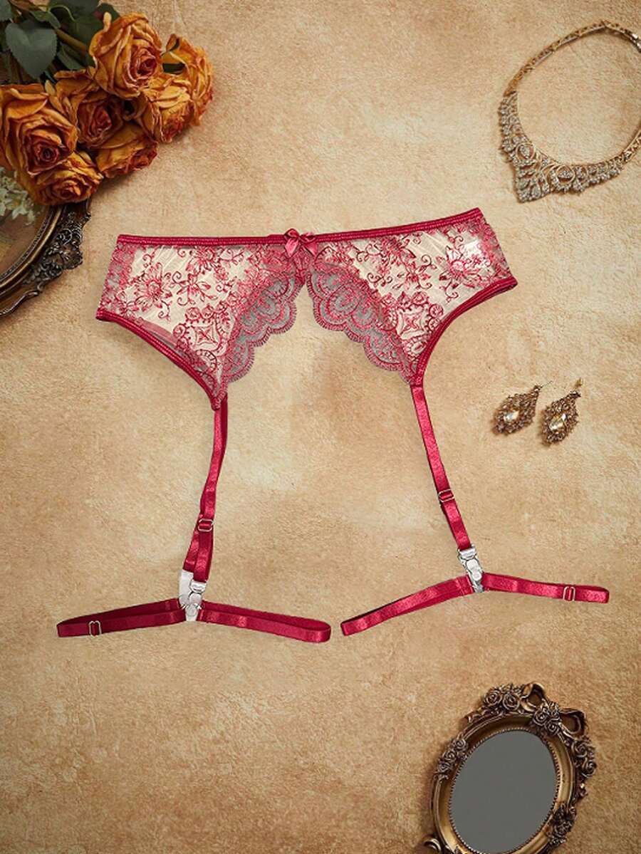 PinupPomp 女士性感花卉蕾丝网眼吊袜带配饰 - 酒紅色 - 查看 1