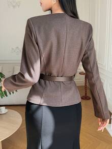 DAZY Áo khoác nữ cổ tròn màu trơn thanh lịch có thắt lưng, Thu/Đông - Cà phê nâu - Xem 2