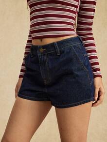 Easelle Quần short denim nữ kiểu dáng vintage thường ngày, phối họa tiết ngôi sao đỏ, có túi, thích hợp mặc đi biển mùa hè. - Màu xanh lam - Xem 2