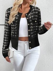 EMERY ROSE Áo khoác cardigan dệt kim đơn hàng khuy kim loại kẻ caro dành cho nữ, Thu/Đông - màu đen - Xem 4