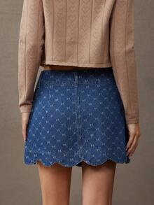 WESTFADE High Waist Scalloped Button Front Bow Jacquard Cotton Blend A Line Mini Denim Skirt Fall, Casual, Autumn, Winter, Boho, Cute, Western Wear, Country Concert, NYE, New Years Eve, Christmas, Holiday - Medium Wash - View 6