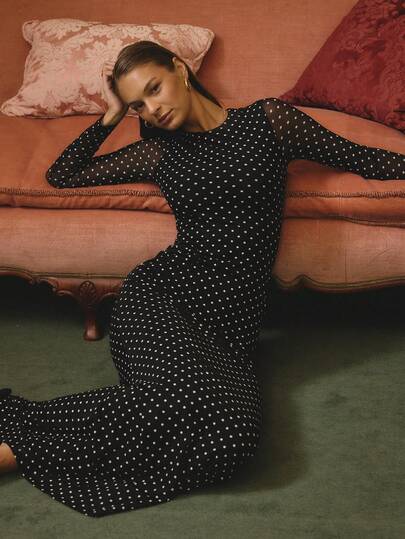 Aralina Women's Polka Dot Print Round Neck Fitted Elegant Long Sleeve Dress