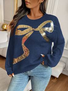 EMERY ROSE Plus Size Casual Sequin Bow Pattern Round Neck Drop Shoulder Sweater, Autumn/Winter - Royal Blue - View 4
