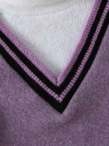 SHEIN 男婴V领二合一针织毛衣，高领针织套头衫，适合秋冬季 - 紫色 - 查看 7