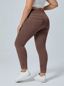 SHEIN Unity Jeans elásticos de corte skinny, ajuste relajado y desgastado, talla grande, informal - Café integral - Ver 2