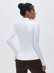 Gameset SHEIN Sport 女式基本款拉链领长袖 Polo 衫，弧形下摆，适合瑜伽、健身、户外活动 - 白色 - 查看 2