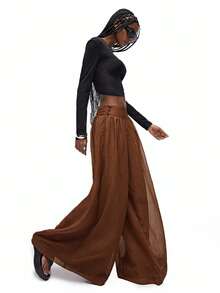 GENKIRA Quần ống rộng oversized phong cách French Chic cao cấp mới dành cho nữ, thiết kế cạp trễ, cài nút, tạo hiệu ứng xếp nếp, làm thon gọn, quần ống rộng trong suốt xếp ly giản dị giống vải lanh - màu nâu - Xem 1