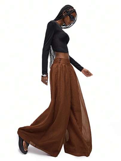 GENKIRA Nuevos pantalones anchos de pierna ancha de alta gama con estilo francés chic para mujeres, diseño de cintura baja, con botones, efecto drapeado, adelgazante, pantalones sueltos plisados de lino transparente casual