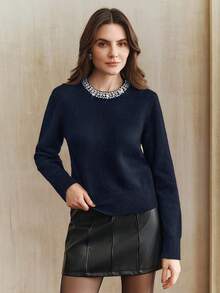 Anewsta Elegant Women's Winter Sweater, Fashion Rhinestone Embellished Collar, Gray Sweet & Youthful, Versatile Sparkling Knit Pullover Top, Suitable For Fall, Winter, New Year, Party, Wedding - Blue - View 6