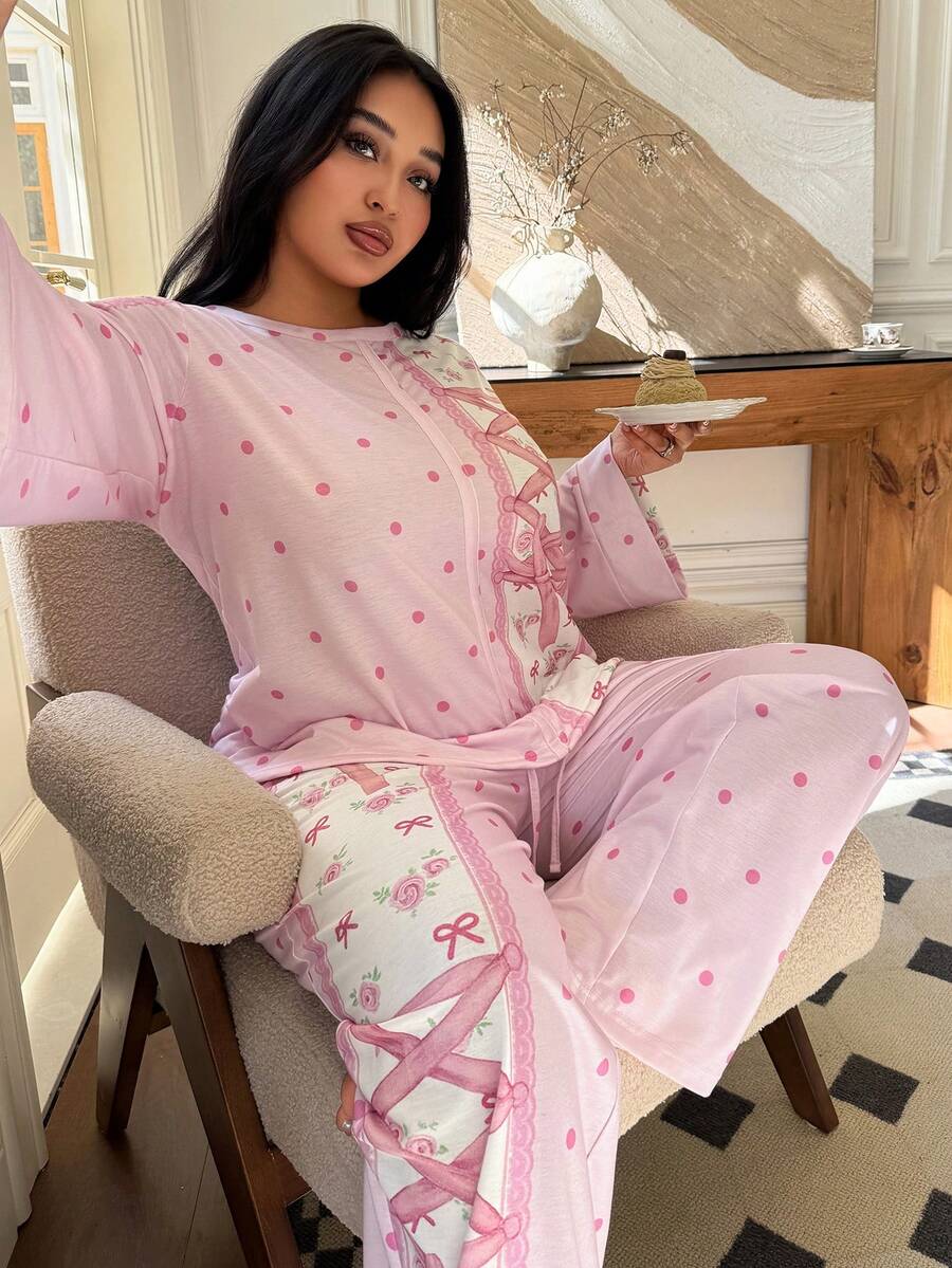 Miss Vinta Plus Size 2pcs Romantic Countryside Style Polka Dot Bow Floral Knit Pajama Set, Spring/Autumn, Winter Clothes - Pink - View 1