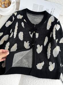 SHEIN 女童豹纹提花针织开衫和阔腿裤两件套，手工蝴蝶结装饰短款开衫，宽松保暖柔软长裤，秋冬季休闲装。 - 黑色 - 查看 3