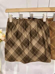 SHEIN Franclia Chân váy ngắn kẻ caro đỏ cổ điển dành cho nữ, Thu/Đông - màu nâu - Xem 3
