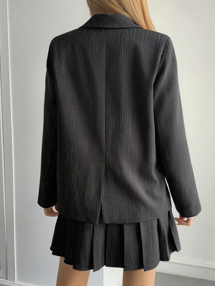 Women's Striped Casual Jacket And Pleated Skirt 2 Pieces Set, Autumn/Winter