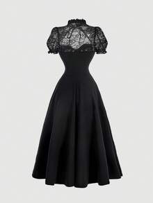 SHEIN MOD 女式优雅纯色蕾丝拼布中长连衣裙，夏季 - 黑色 - 查看 2