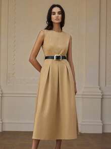 GENKIRA Suede Fabric Autumn/Winter , PU Leather Belt Waist Decor, Commuting Design Sense, Minimalist Fashionable Elegant Versatile Long Dress - Khaki - View 7