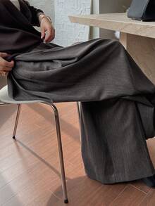 DAZY 女士休闲宽松条纹口袋阔腿裤秋冬 - 灰色 - 查看 1