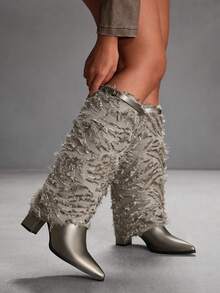 CUCCOO SZL Bottes hautes à bout pointu et talon épais pour femmes, automne/hiver - Gris pâle - Voir 5