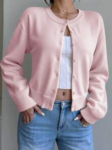 SHEIN 少女针织开衫，休闲纯色圆领长袖宽松短款毛衣，保暖舒适，时尚百搭，适合日常通勤 - 粉色 - 查看 7