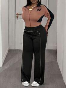 Slaydiva Plus Size Women Casual Minimalist Basic Sports Long Sleeve Zip-Up Contrast Color Fitted Top And Pants 2 Pieces Set With Numeric Logo - Brown - View 4