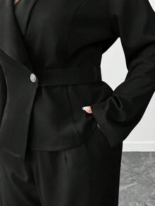 Elenzga Bộ vest vest nữ thanh lịch cổ chữ V tay dài cài nút thắt lưng và quần ống rộng ống đứng - màu đen - Xem 6