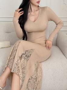 DAZY Váy len đuôi cá thêu ren thanh lịch dành cho nữ, mùa thu - Màu be - Xem 1