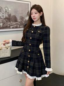 DAZY 女士优雅风格图案拼接荷叶边泡泡袖假口袋短连衣裙，秋季