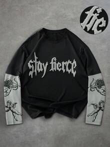 PAVTROS 男士极简印花拼接圆领长袖T恤 男士图案衬衫 图案长袖上衣 男士图案短款上衣 男士图案短款衬衫 男士图案短款街头连帽衫 - 彩色 - 查看 1