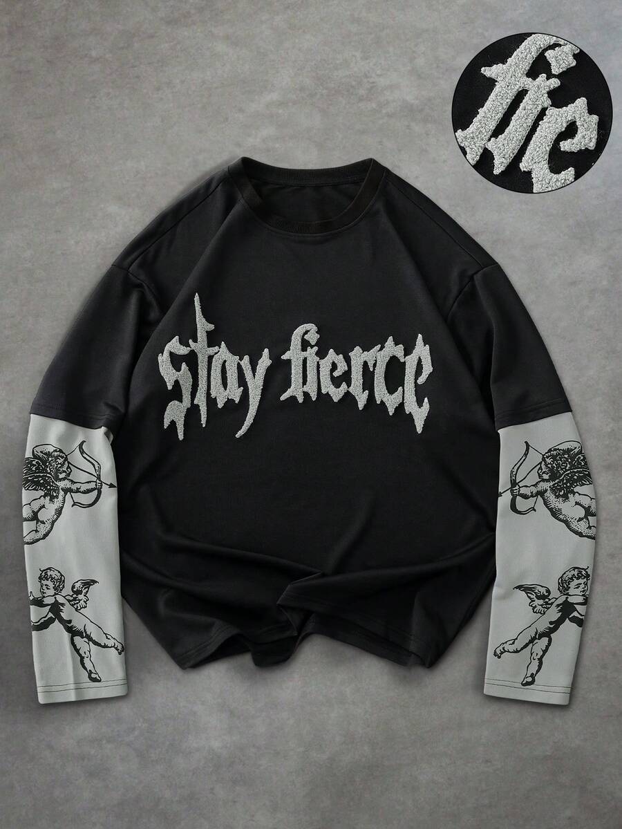 PAVTROS 男士极简印花拼接圆领长袖T恤 男士图案衬衫 图案长袖上衣 男士图案短款上衣 男士图案短款衬衫 男士图案短款街头连帽衫 - 彩色 - 查看 1