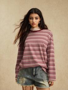 Easelle Casual Vintage Pink Striped Knit Women T-Shirt Top Summer For Women Round Neck Long Sleeved Comfortable - Multicolor - View 3