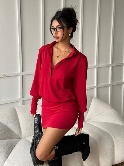 Siren Gaze Fall/Winter 2025 New Christmas & Valentine's Day Women's Elegant Ruffled Hem Loose Fit Short Dress, Solid Color, Dropped Shoulder, Spring/Autumn,Red Dresses For Women Polo Collar Mini Dress New Year Dress Christmas Outfit For Women Casual Outfit For Women Red Dress For Women Red Long Sleeve Dress 2 Piece Casual Sets Woman Christmas Outfit Women Women Red Outfit Christmas Clothes