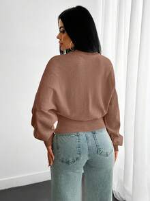 EURMUSE Áo len dệt kim có cấu trúc với tay áo bồng bềnh, eo ôm, bo cong - Màu nâu  Mocha - Xem 2