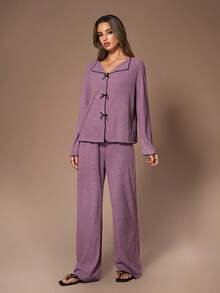 HautHeat 女士罗纹磨毛V领蝴蝶结长袖长裤睡衣套装，秋冬竹纤维睡衣，薰衣草色女士睡衣套装，女士家居服套装，紫色长袖家居服套装 - 紫色 - 查看 6