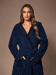 SHEIN Contrast Color Pom Pom Hooded Jacquard Fleece Women Robe Robes For Women Fluffy Fuzzy Robe Women's Robe Night Robe Women Robes For Women Winter - Navy Blue - View 6
